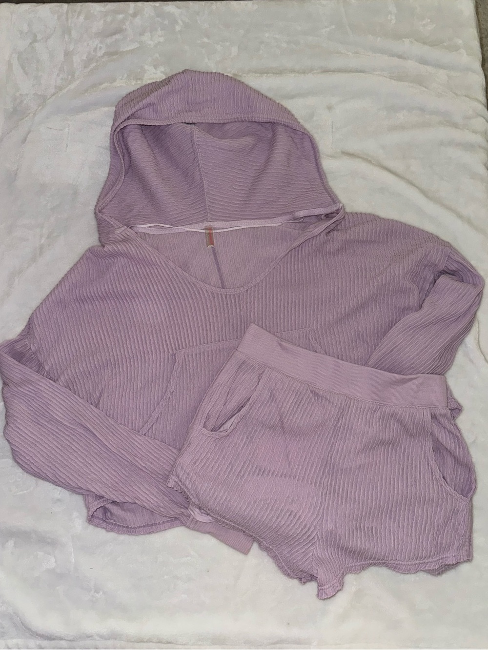 Free People Lavender Ribbed Hoodie & Shorts Set